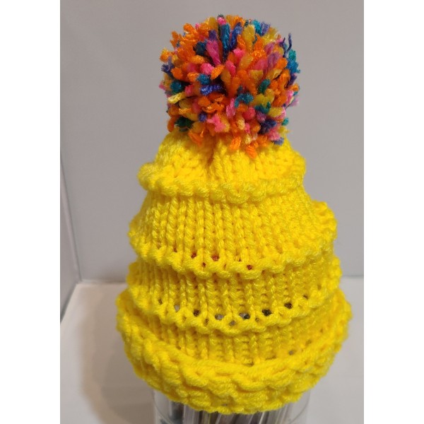 Yellow Handmade Knitted Infant Hat with Multi Color PomPom Yellow Handmade Knitted Infant Hat with Multi Color PomPom
