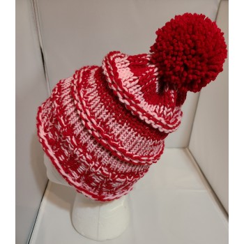 Red and Pink Handmade Knitted Hat with Red PomPom for Teens or Adults