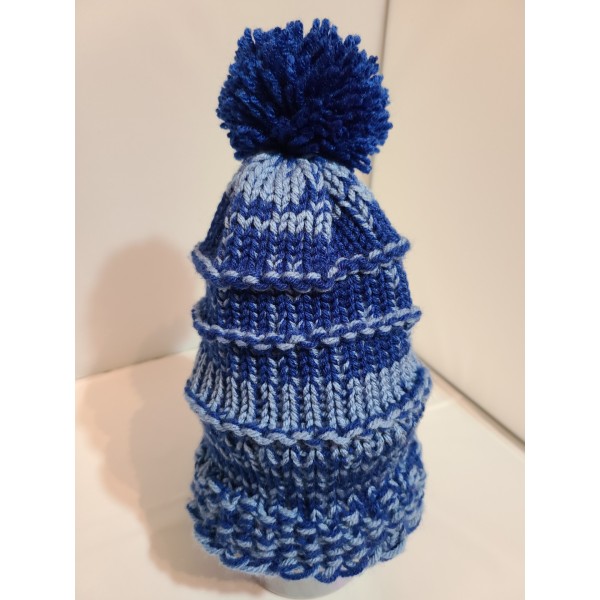 Blue and Light Blue Handmade Knitted Hat with Blue PomPom for Children Blue and Light Blue Handmade Knitted Hat with Blue PomPom for Children