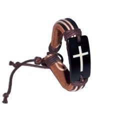 Leather Bracelet Cross Engraved Stone Charm