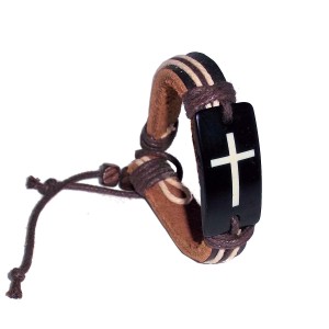 RTD-2359 : Leather Bracelet Cross Engraved Stone Charm at Heavens Charms