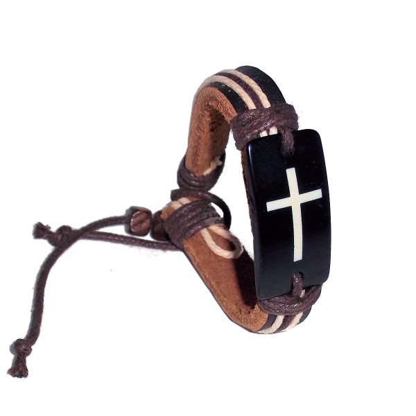 Leather Cross Bracelet Engraved Resin Charm Adjustable Faith Christian Jewelry