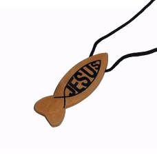 Jesus Wood Fish Symbol Ichthys Christian Necklace