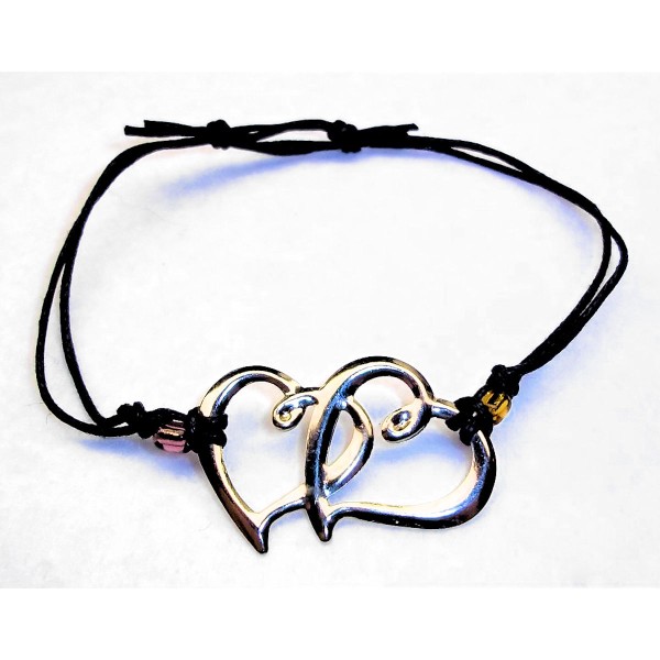 Double Heart Adjustable Bracelet Black Faux Leather Cord Colorful Seed Beads