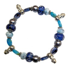 Blue Lampwork and Crystal Beads Winter Bracelet with Snowmen
