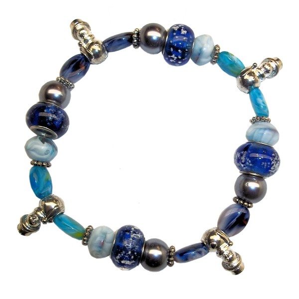 Winter Snowman Charm Bracelet Blue Lampwork Crystal Beads Stretchy Gift 10in
