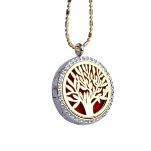 RTD-3652 : Essential Oils Diffuser Tree Locket Necklace Gold on Silver with Rhinestones at Heavens Charms