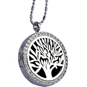 RTD-3654 : Essential Oils Aromatherapy Tree Locket Necklace Rhinestone Silver at Heaven's Charms
