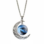 Wolf On Lakeshore Blue Dusk Pendant Crescent Moon Necklace