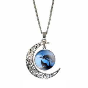 RTD-3686 : Wolf On Lakeshore Blue Dusk Pendant Crescent Moon Necklace at Heavens Charms