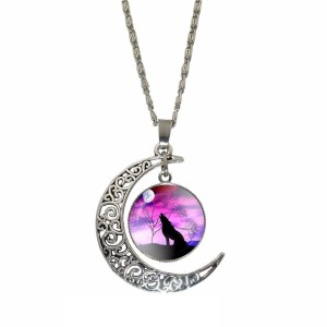 RTD-3687 : Wolf On Plains Purple Dusk Pendant Crescent Moon Necklace at Heavens Charms