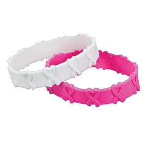RTD-3748 : Rubber 3D Pink and White Ribbon Bracelets Cancer Awareness at Heavens Charms