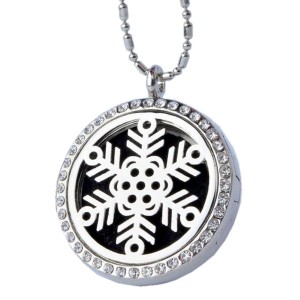 RTD-3777 : Essential Oils Aromatherapy Silver Snowflake Locket Necklace w/ Rhinestones at Heaven's Charms