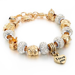 RTD-3846 : I Love You Royal Golden Charm Bracelet with Crystal Beads at Heavens Charms