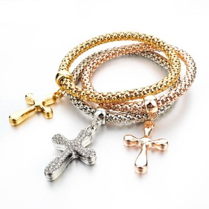 RTD-3847 : Multilayer 3pc Gold Silver Copper Cross Fashion Bracelet at Heavens Charms