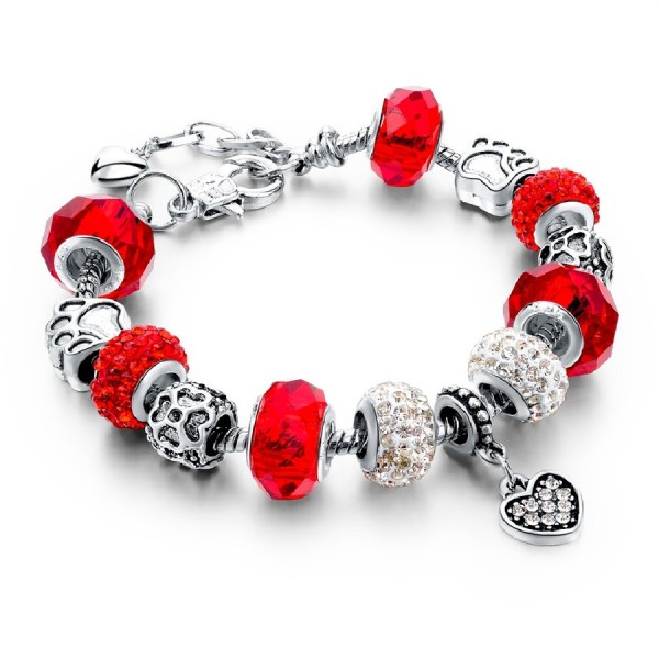 Red Crystal Charm Bracelet Paw Print Heart Murano Glass Beads Silver Chain 20cm
