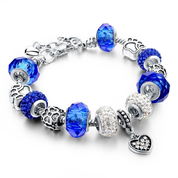 Blue Crystal Charm Bracelet Paw Print Heart Murano Glass Beads Silver Chain 20cm