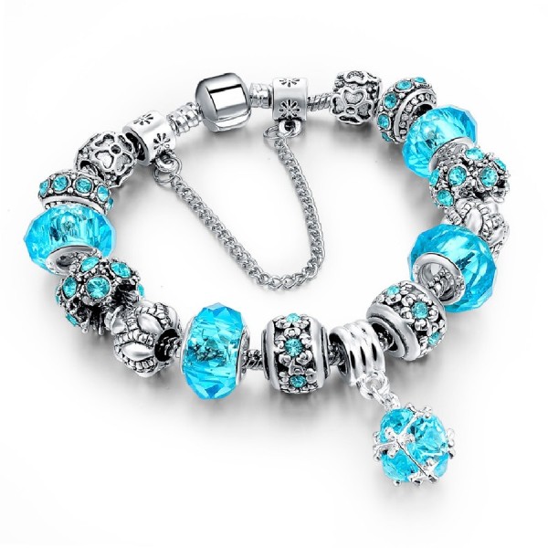 Turquoise Crystal Charm Bracelet Flower Heart Murano Glass Beads Silver 19cm
