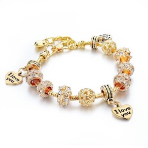 RTD-3852 : Heart 3x I Love You Golden Charm Bracelet with Crystal Beads at Heavens Charms