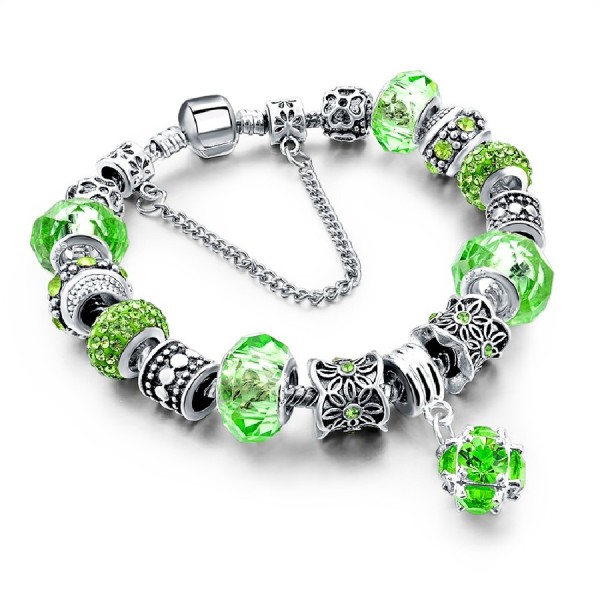 Green Crystal Charm Bracelet Flower Heart Murano Glass Beads Silver Chain 19cm