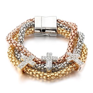 RTD-3854 : Multilayer Gold Silver Copper 3 Cross Christian Fashion Bracelet at Heavens Charms