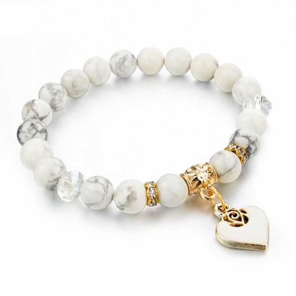 White Marble Howlite Bead Bracelet Gold Heart Charm Stretch Stone 8mm 7.5in