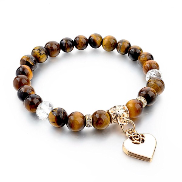 Natural Tiger Eye Stone Bead Bracelet Gold White Heart Charm Stretch 8mm 7.5in