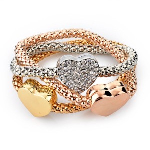 RTD-3858 : Three Heart Charm 3-Piece Set Gold Silver Fashion Bracelet at Heavens Charms
