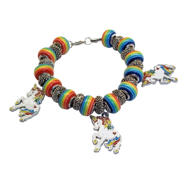 Unicorn Rainbow Charm Bracelet Snake Chain Glass Beads Girls Jewelry Gift 8in Unicorn Rainbow Charm Bracelet Snake Chain Glass Beads Girls Jewelry Gift 8in