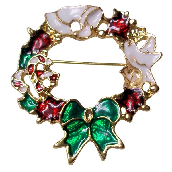 Vintage Christmas Wreath Brooch Pin w/ Dove, Flowers, Candy Canes and Bow