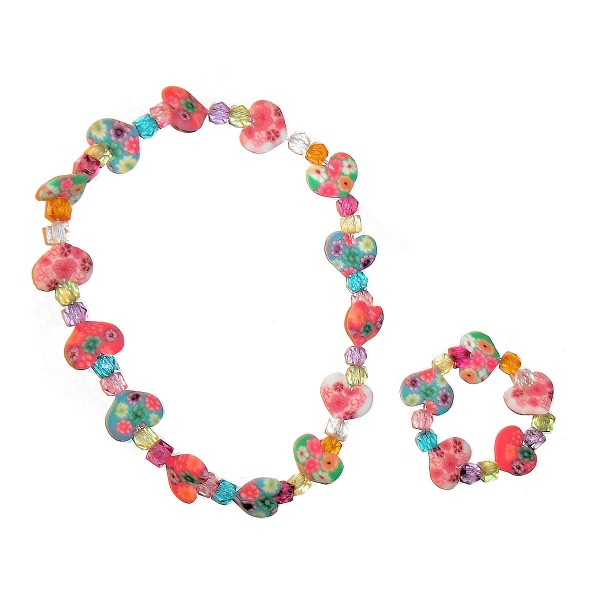 Child's Flowery Heart Bead Necklace and Bracelet Set