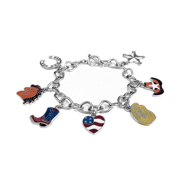 Western Charm Silver Teardrop Chain Bracelet Cowboy Boot Hat Horseshoe USA 8in