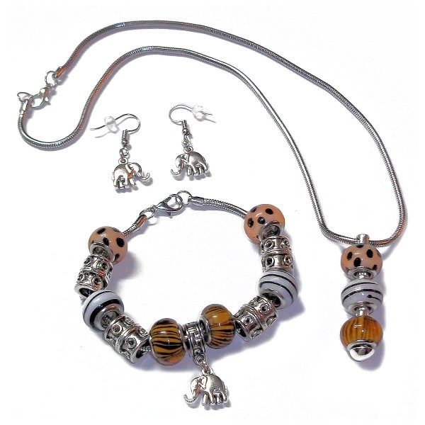 Safari Jungle Theme Necklace Bracelet Earring Set w/ Elephant Charm Safari Jungle Theme Necklace Bracelet Earring Set w/ Elephant Charm