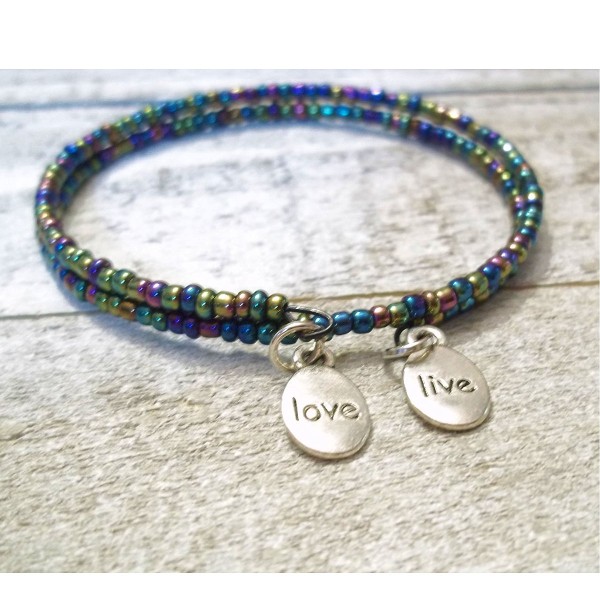 Live Love Charm Bracelet Silver Memory Wire Tiny Glass Seed Bead Name Plate Gift Live Love Charm Bracelet Silver Memory Wire Tiny Glass Seed Bead Name Plate Gift