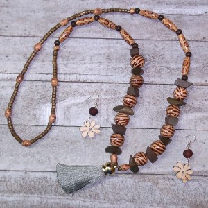 RTD-4037 : Wooden Beaded Tassel Necklace and Earrings Set at Heavens Charms