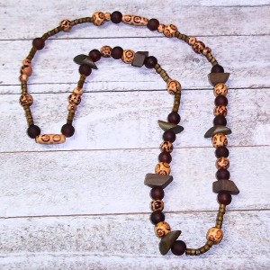 RTD-4039 : Fall Necklace with Brown Wood Beads and Frosted Glass Beads at Heavens Charms