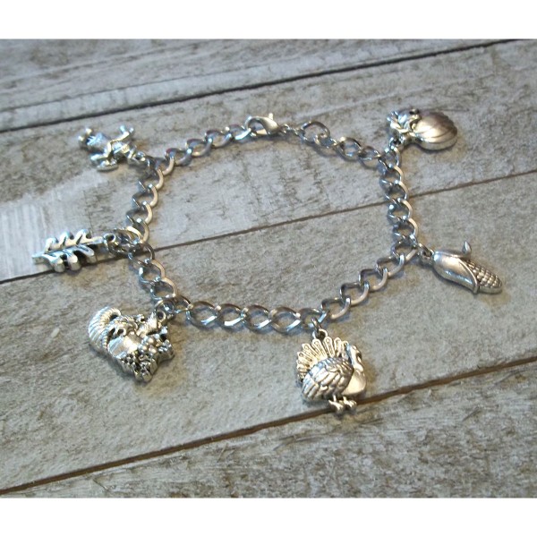 Fall Thanksgiving Charm Bracelet Antique Silver Chain Pumpkin Turkey Scout 8in Fall Thanksgiving Charm Bracelet Antique Silver Chain Pumpkin Turkey Scout 8in