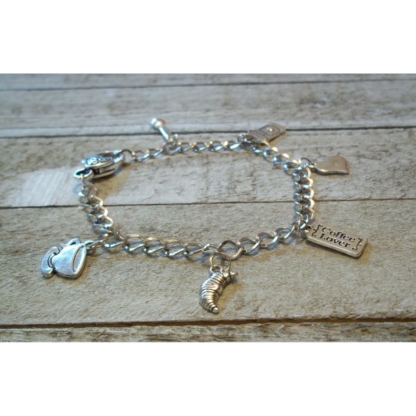 Coffee Lovers Charm Bracelet Silver Chain Heart Clasp Cup Spoon Cafe Jewelry 8in Coffee Lovers Charm Bracelet Silver Chain Heart Clasp Cup Spoon Cafe Jewelry 8in