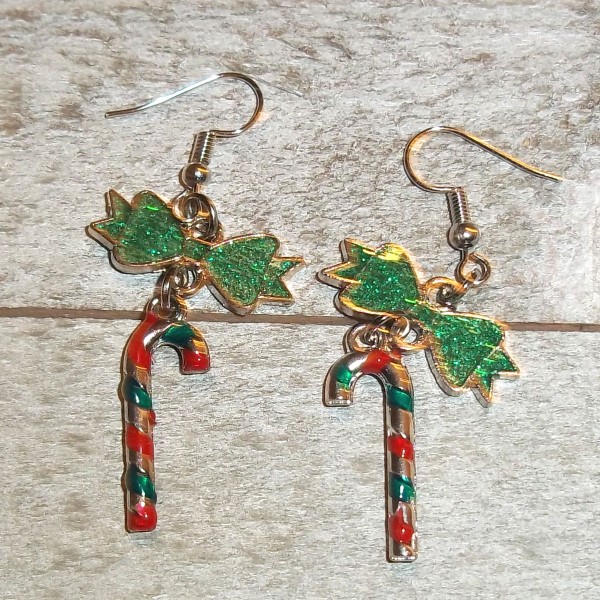 Candy Cane and Green Bow Charms Earrings Set Candy Cane and Green Bow Charms Earrings Set
