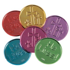 RTD-4276100 : 100pc He Lives Religious Coins - Easter Egg Fillers - Sunday School VBS Prizes at Heaven's Charms
