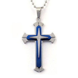 RTD-4535 : Blue Titanium Steel Cross Necklace with Stone at Heaven's Charms