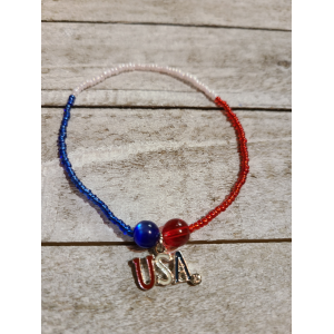 TYD-1187 : Red, White and Blue Tiny Seed Bead USA Bracelet at Heavens Charms