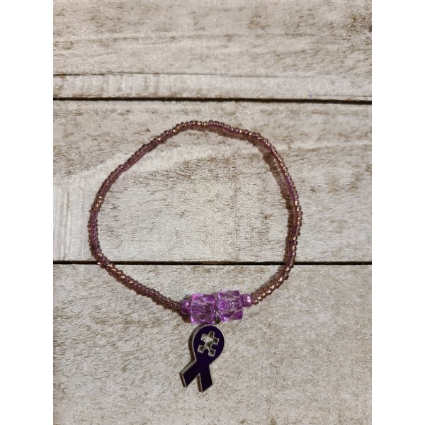 Autism Awareness Purple Glass Seed Bead Stretch Bracelet 6 Inch Puzzle Ribbon
