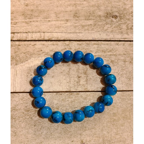 Blue Marbled Glass Bead Stretch Bracelet 6 Inch Handmade Beaded Jewelry