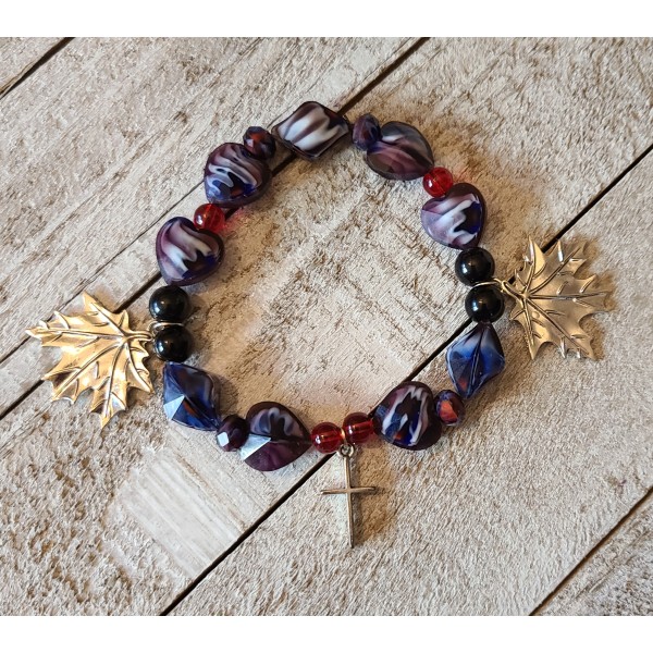 Silver Cross Charm Bracelet Purple Heart Leaf Beaded Stretchy Gift Jewelry Silver Cross Charm Bracelet Purple Heart Leaf Beaded Stretchy Gift Jewelry