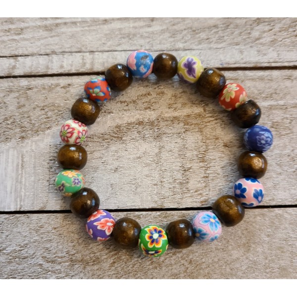 Clay Flower Wood Beaded Bracelet Handmade Floral Stretch Jewelry